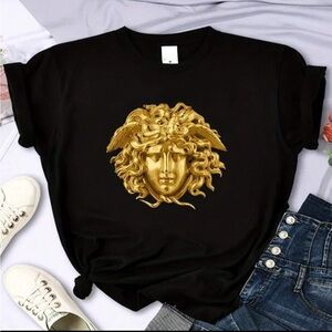Black Tee with Gold Medusa Graphic
